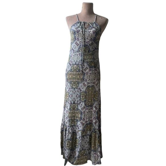 RAGA Boho Halter Maxi Dress Crinkle Viscose Festival Bohemian Medallion Hippie M - Picture 1 of 6